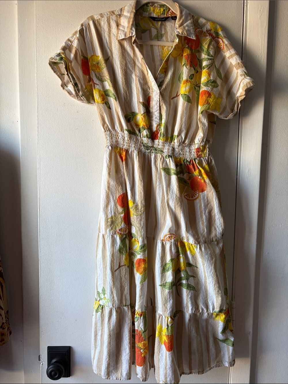 💯 Cotton Cream Striped Midi Dress with Orange & Yellow Floral Fruit Print